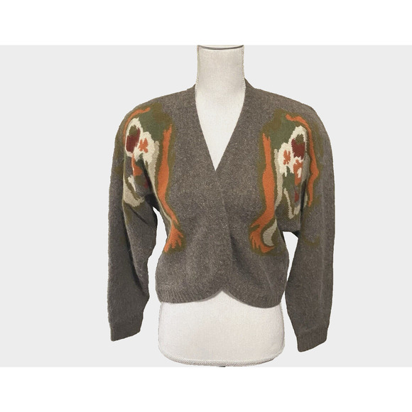 Leslie Fay Lambswool Angora Crop Cardigan Sz PS‎ Brown Floral Open Classic - Picture 1 of 10